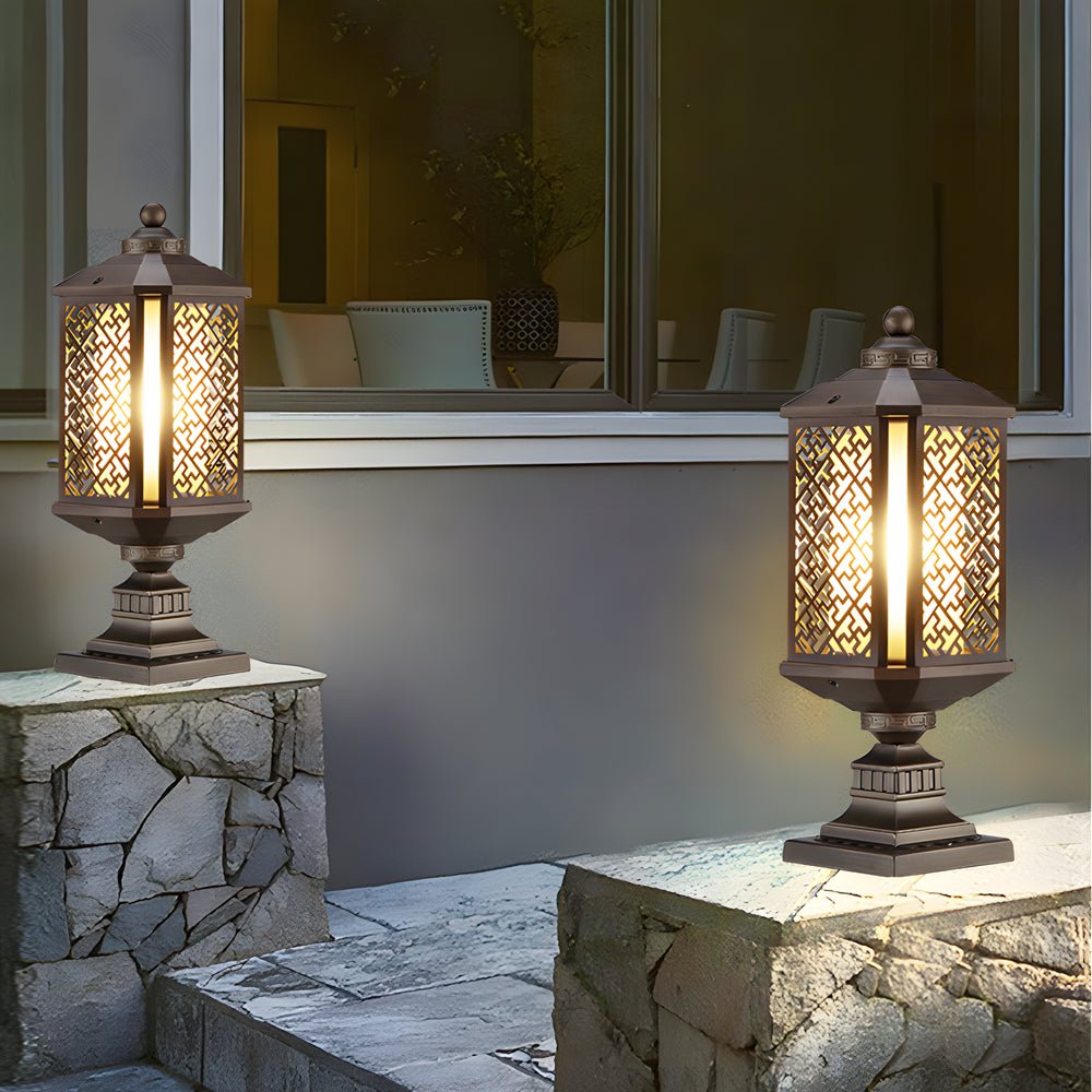 Retro Brass Post Light with Glass Shade - Outdoor Waterproof
