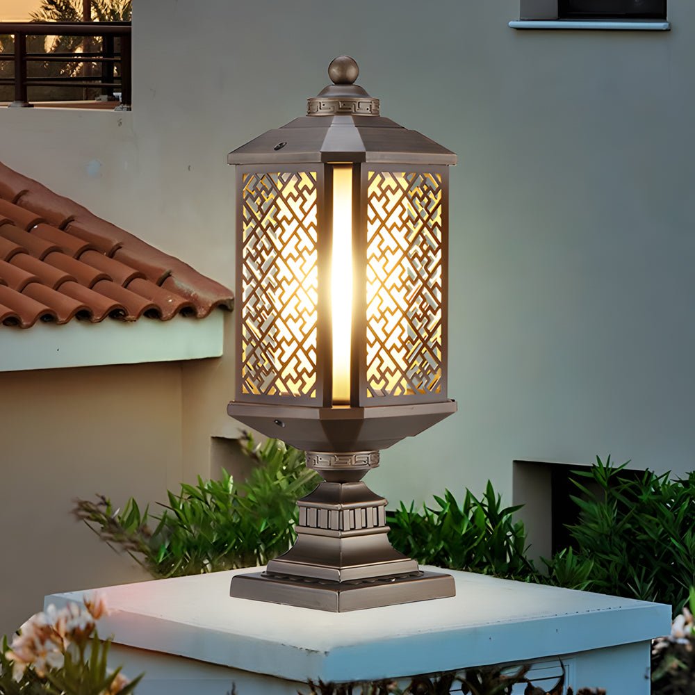 Retro Brass Post Light with Glass Shade - Outdoor Waterproof
