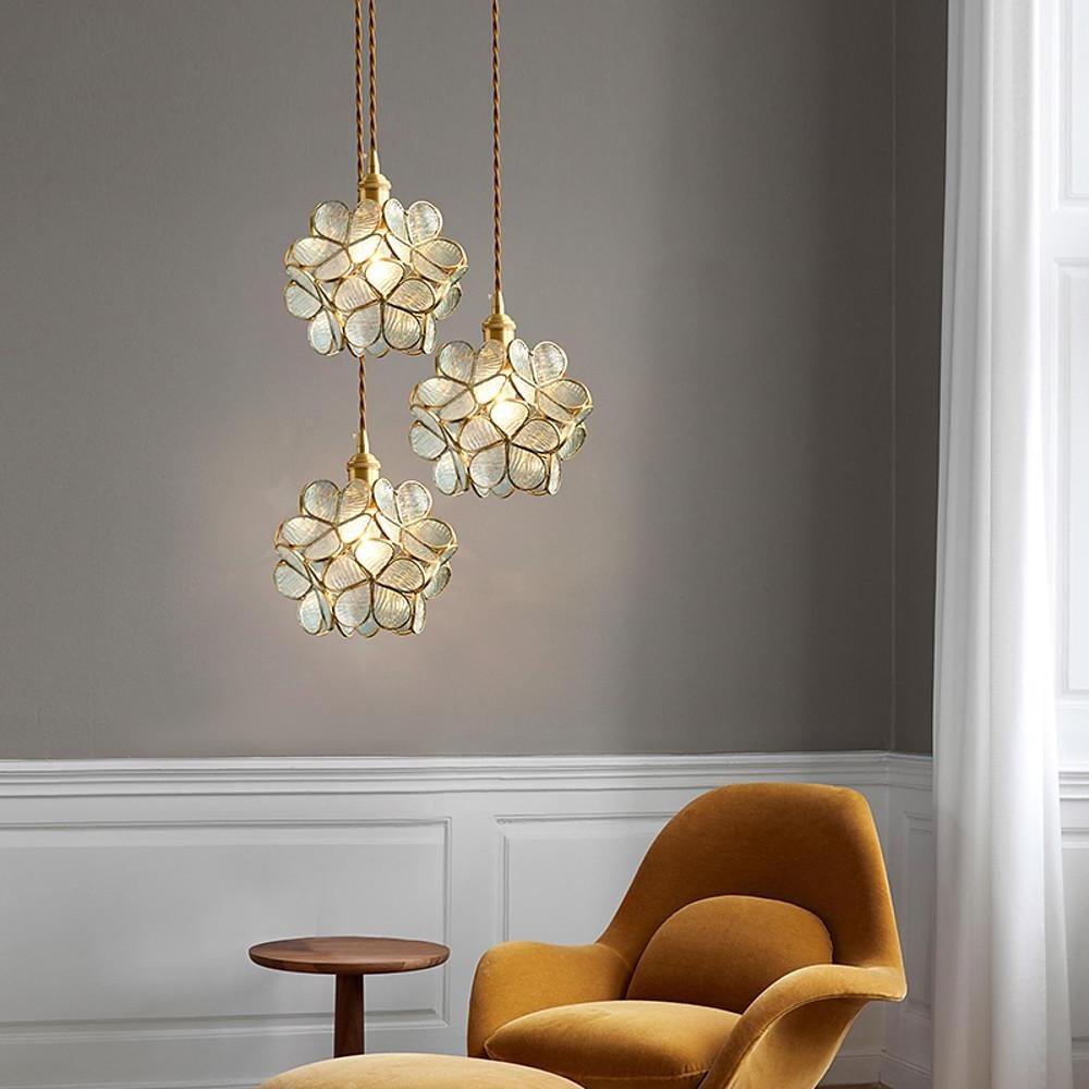 Floral Glass Pendant Light Modern Copper Finish Hanging Lamp