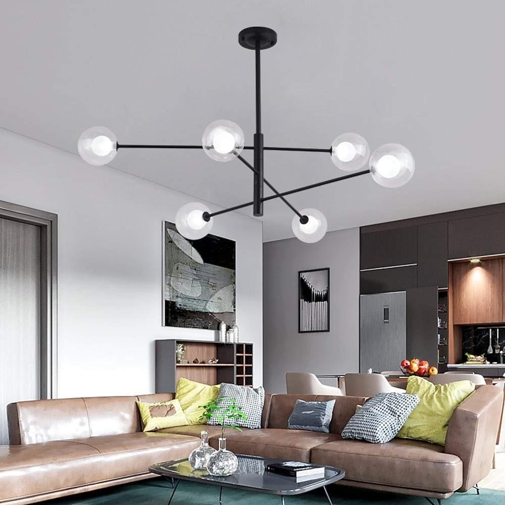 Linear Sputnik Chandelier Black Glass & Metal 6-Light Pendant