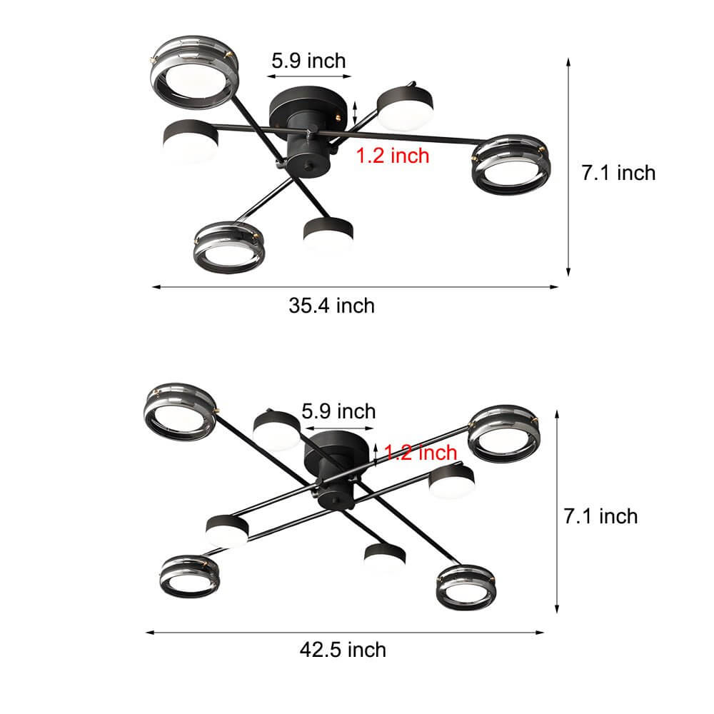 Multi-Head Matte Black Copper Semi-Flush Mount Ceiling Light