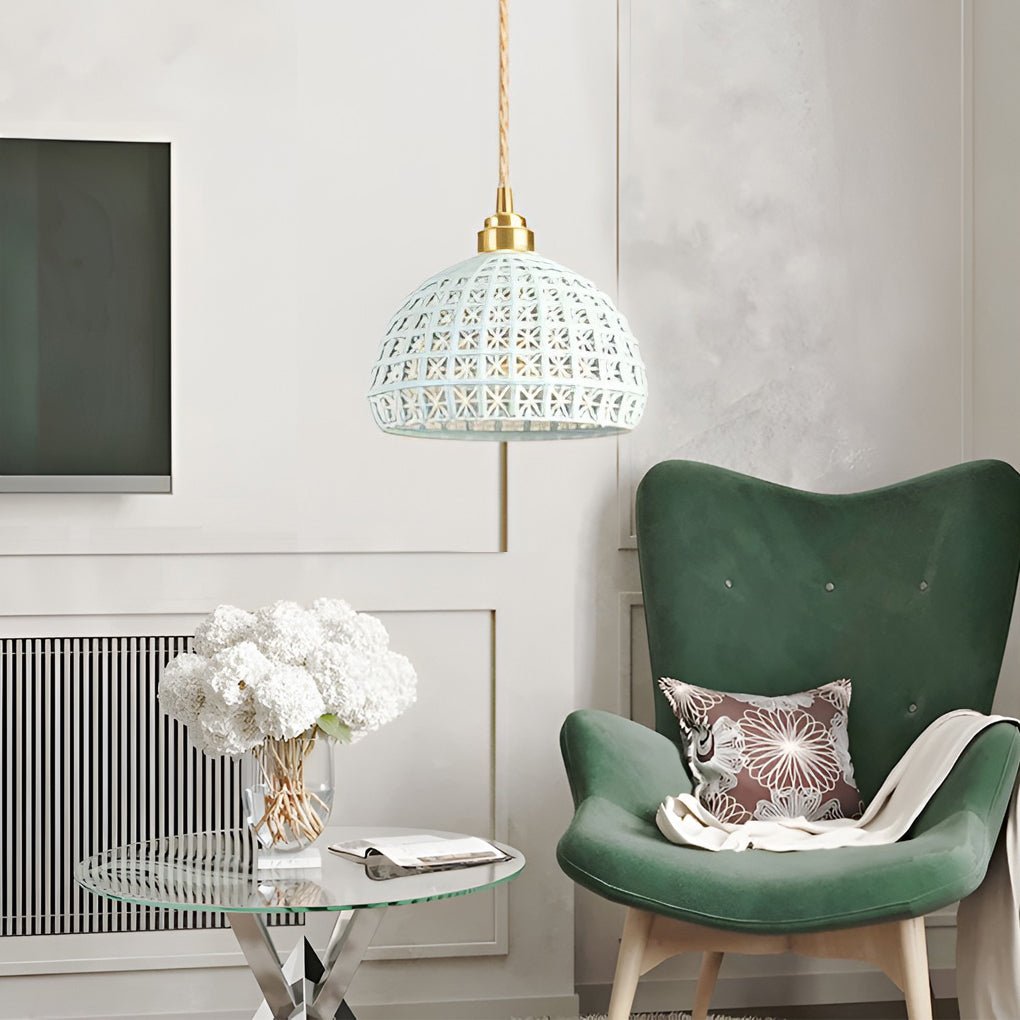 Semi-Globe Ceramic Copper Pendant Light Modern Dining Room Lighting