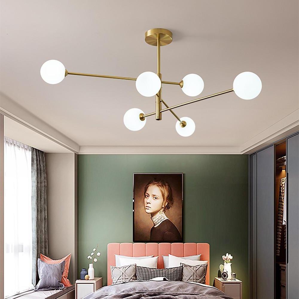 6-Light Sputnik Glass Chandelier Gold Electroplated Modern Ceiling
