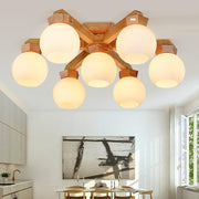 Nordic Wood Globe Flush Mount Ceiling Light with Glass Shades
