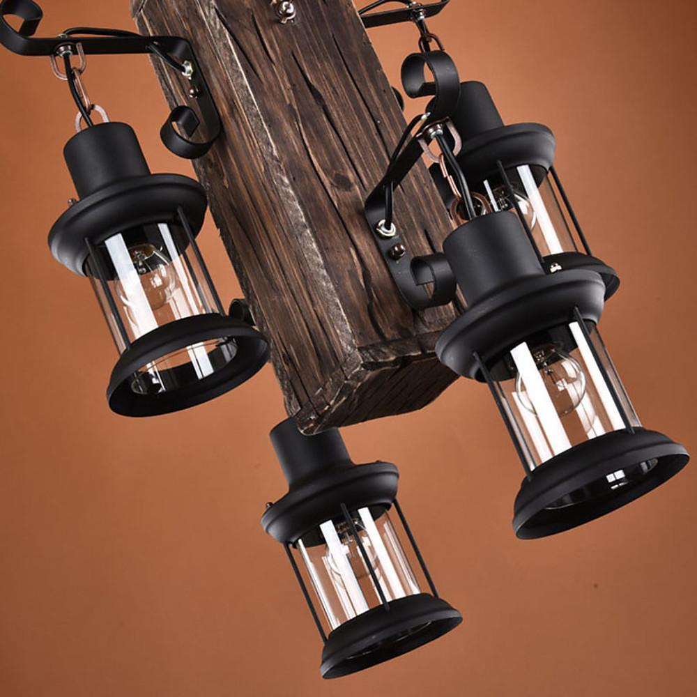 Rustic Wood Farmhouse Chandelier with 4 Lantern Lights