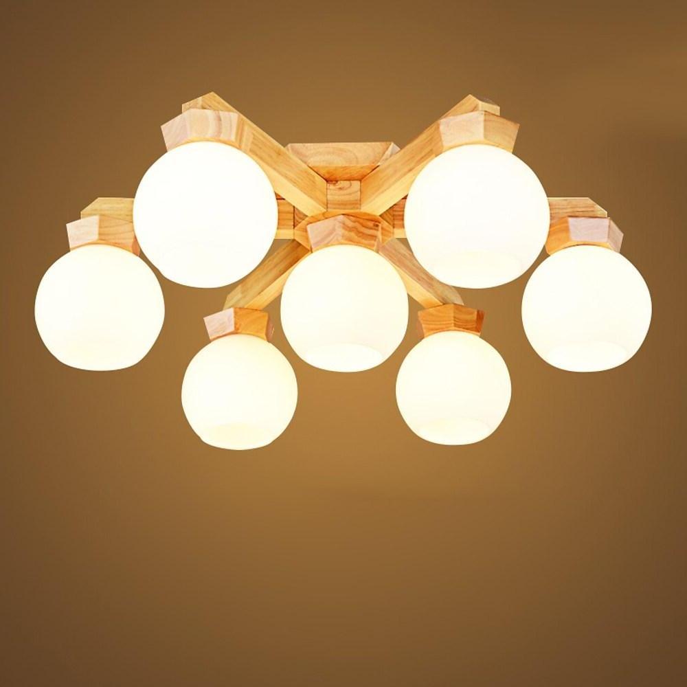 Nordic Wood Globe Flush Mount Ceiling Light with Glass Shades