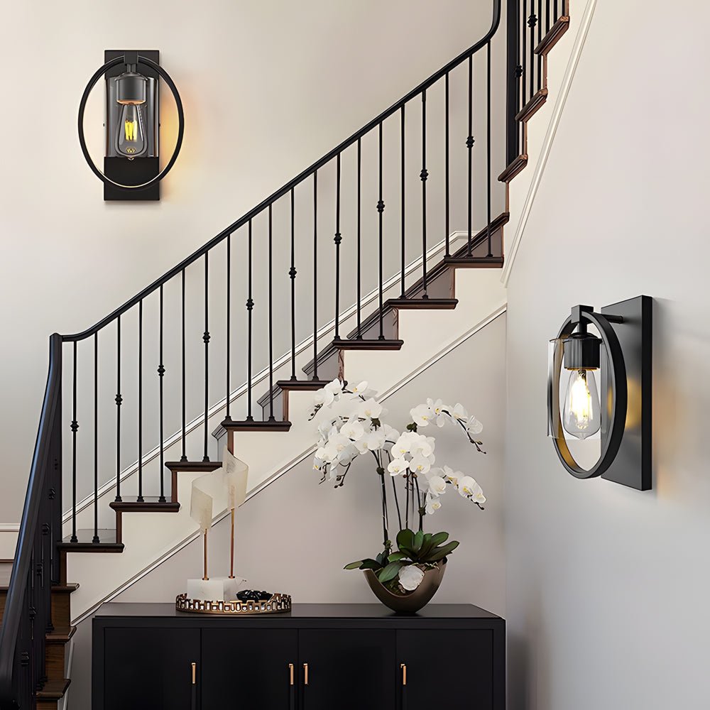 Black Industrial Wall Sconce with Tungsten Bulb Glass Shade