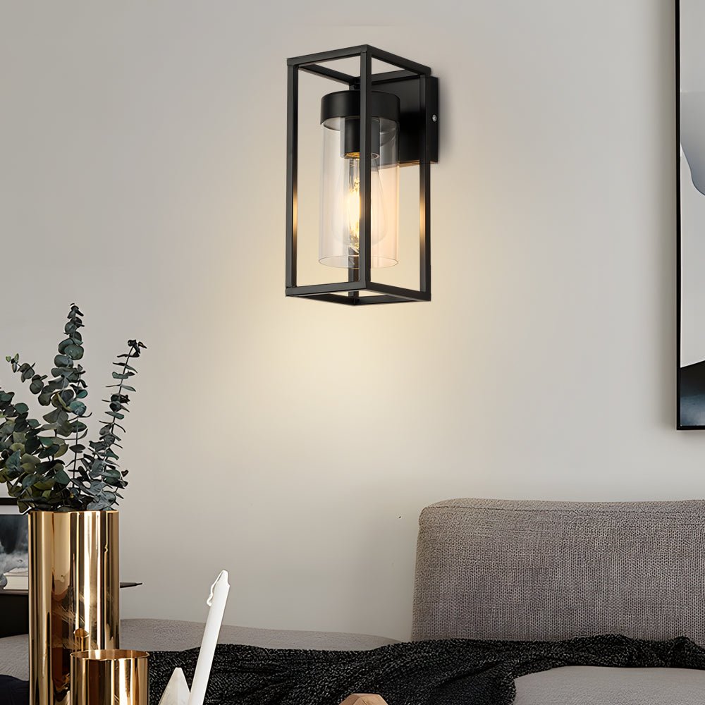Industrial Glass Wall Sconce with Black Metal Frame