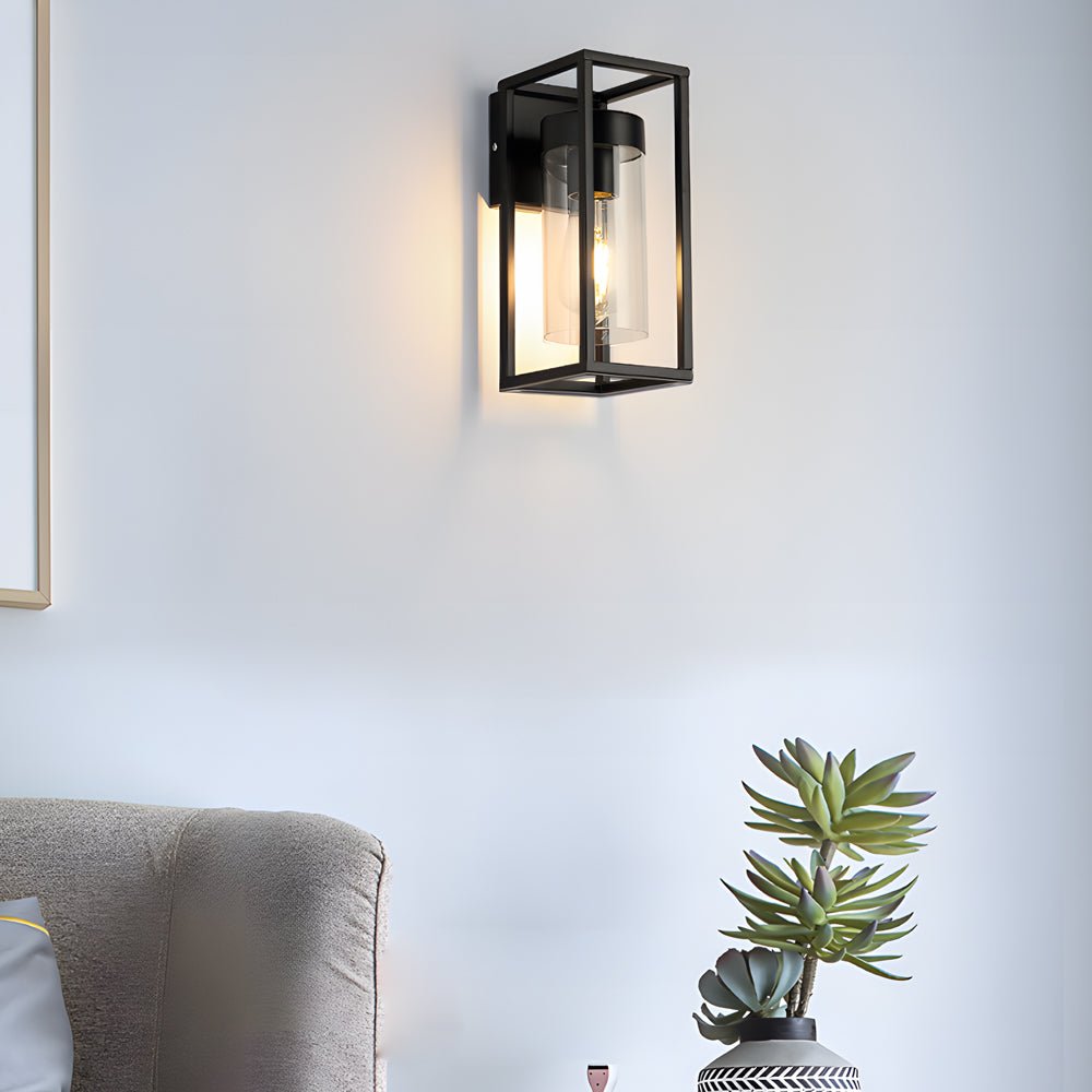 Industrial Glass Wall Sconce with Black Metal Frame