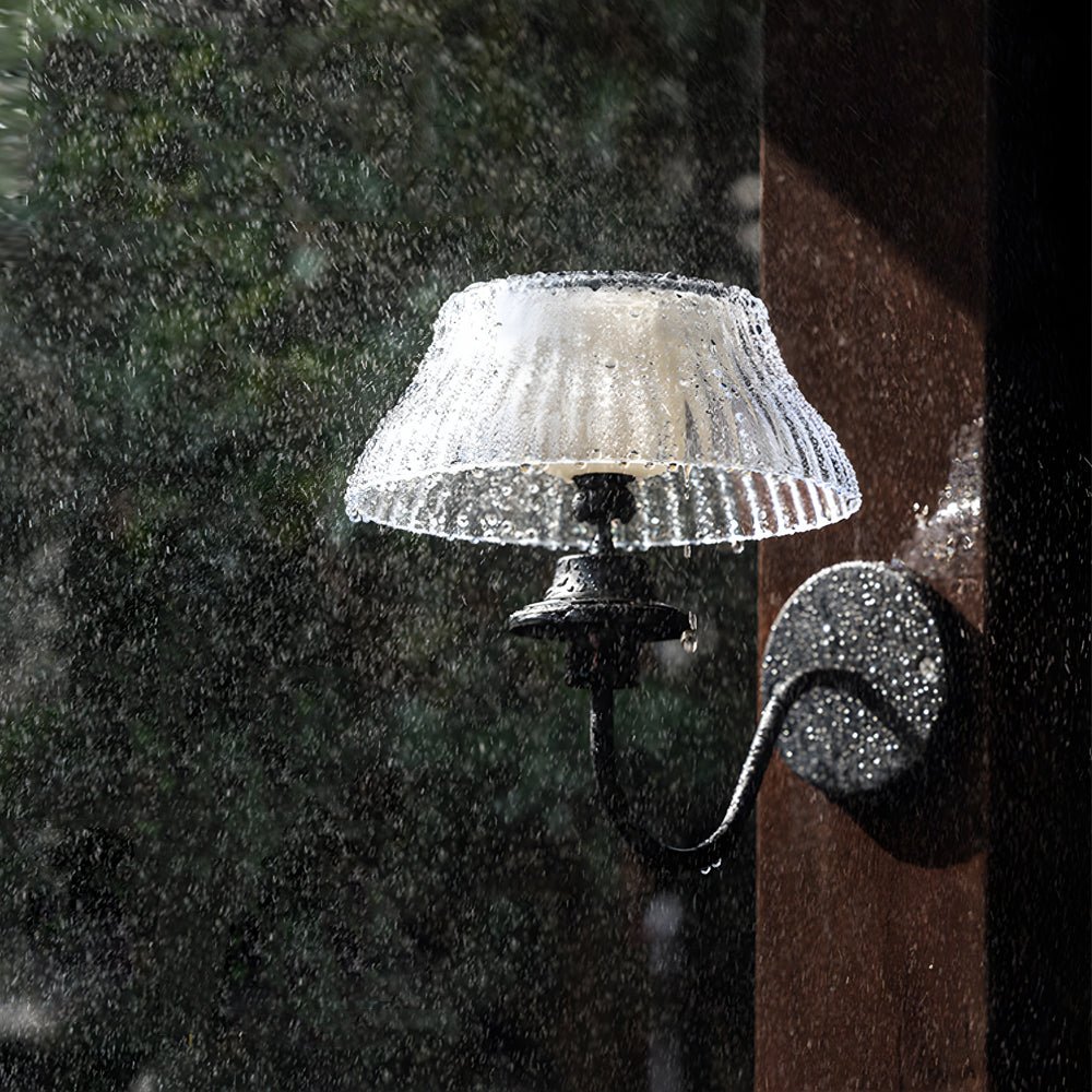 Solar Powered Outdoor Wall Light - Adjustable Glass Shade Black Iron