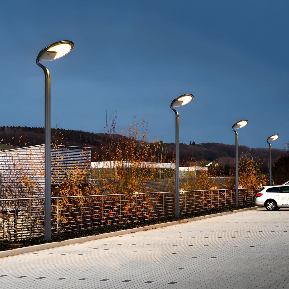 Black Round Solar LED Post Light - Modern Outdoor Street Lamp