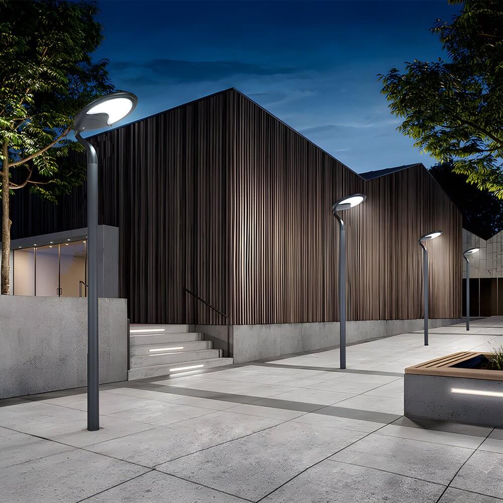 Black Round Solar LED Post Light - Modern Outdoor Street Lamp