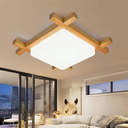 Square Rustic Wood Flush Mount LED Ceiling Light Dimmable