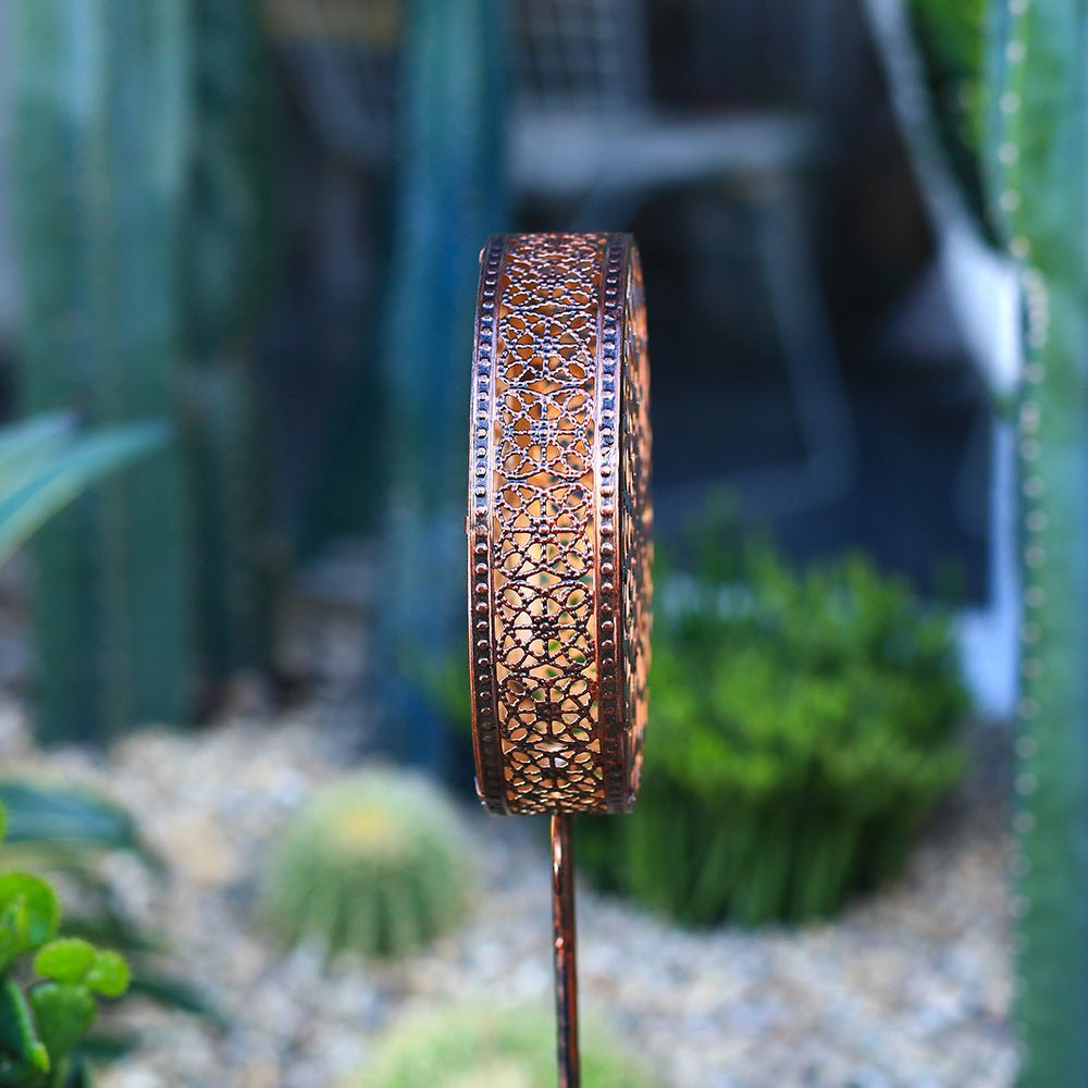 Solar Metal Drum Garden Light with Floral Cutout Design