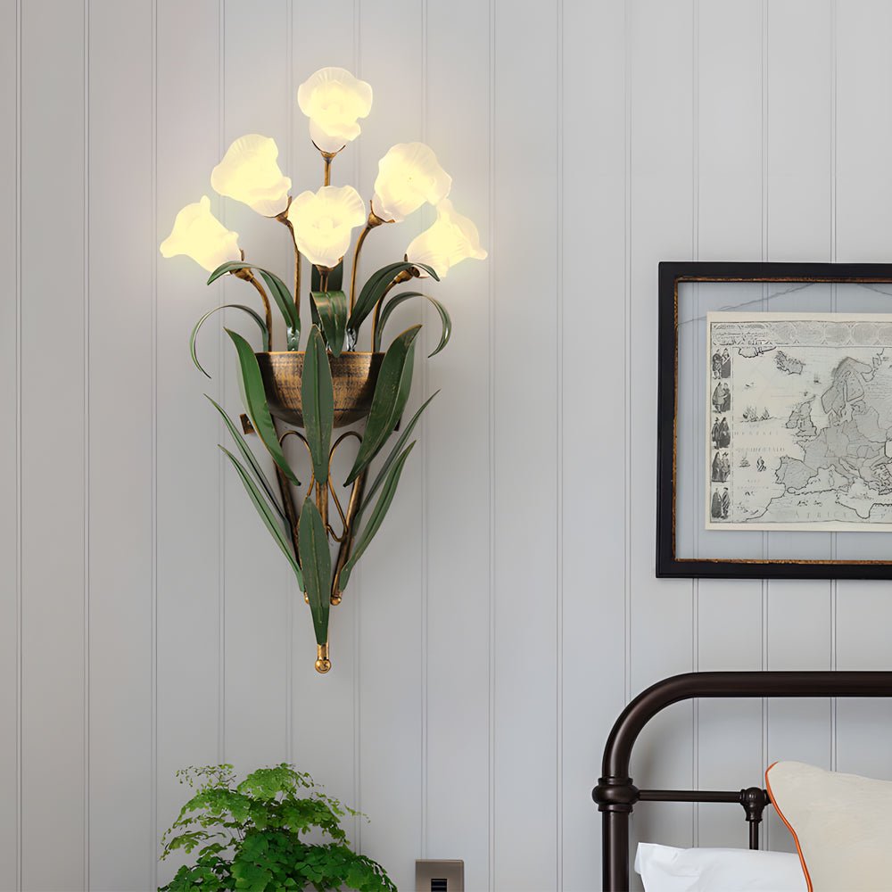 Floral Glass Wall Sconce Modern Pastoral Iron Bouquet Light