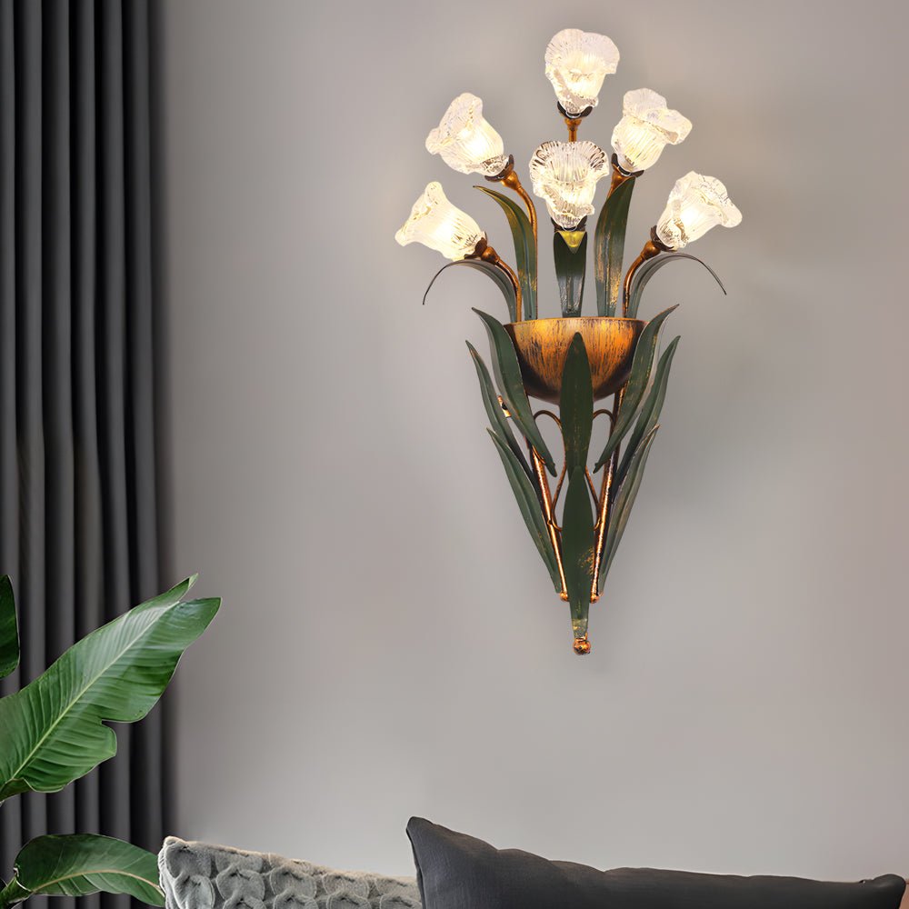 Floral Glass Wall Sconce Modern Pastoral Iron Bouquet Light