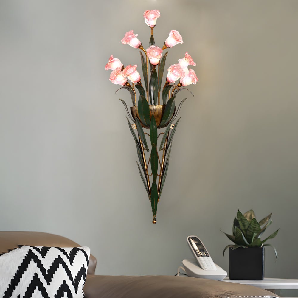 Floral Glass Wall Sconce Modern Pastoral Iron Bouquet Light
