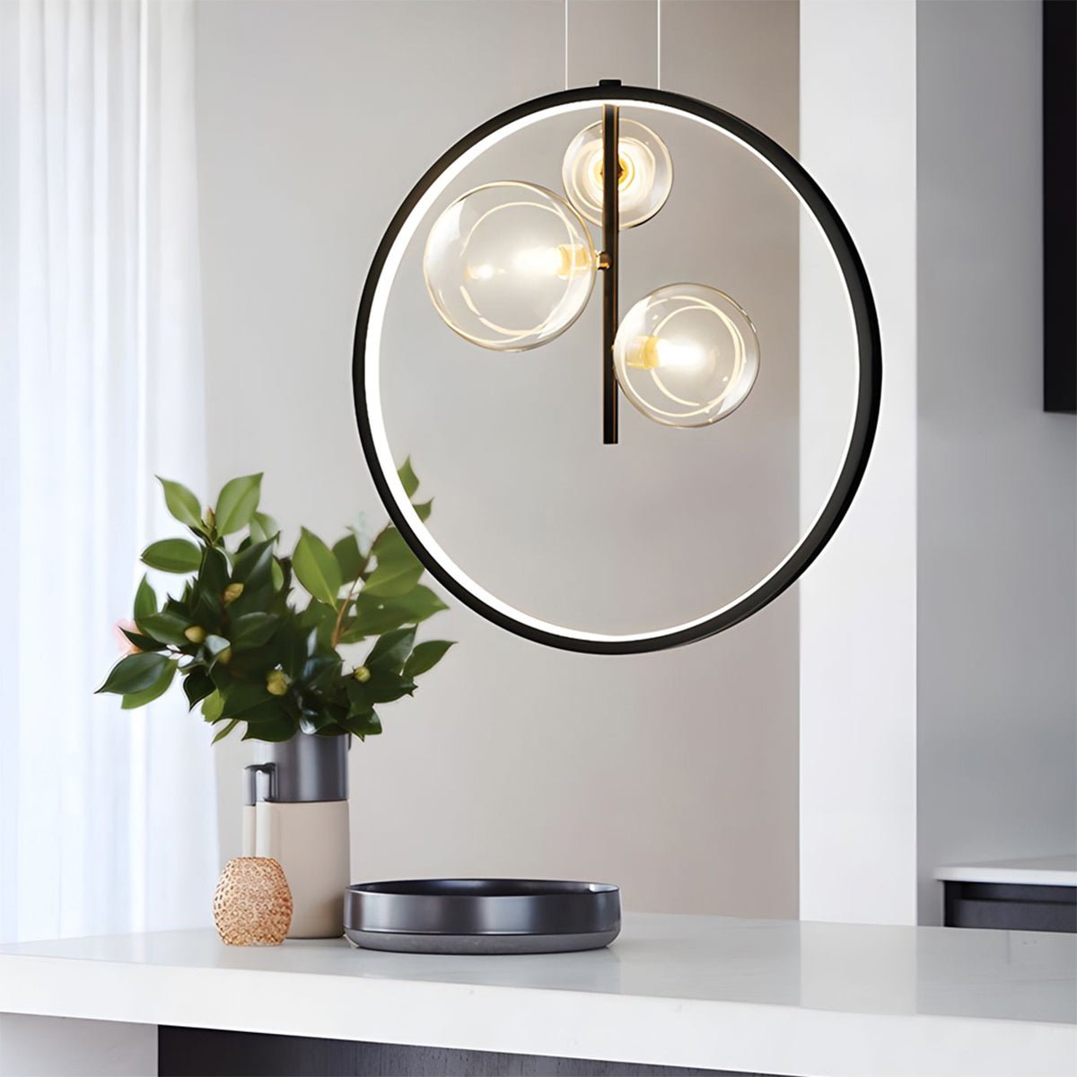 Modern Black Ring Pendant Light with Glass Globes LED
