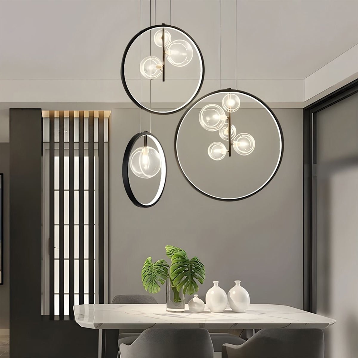 Modern Black Ring Pendant Light with Glass Globes LED