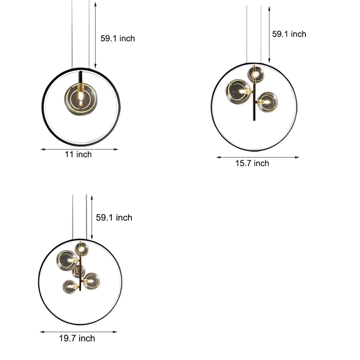 Modern Black Ring Pendant Light with Glass Globes LED