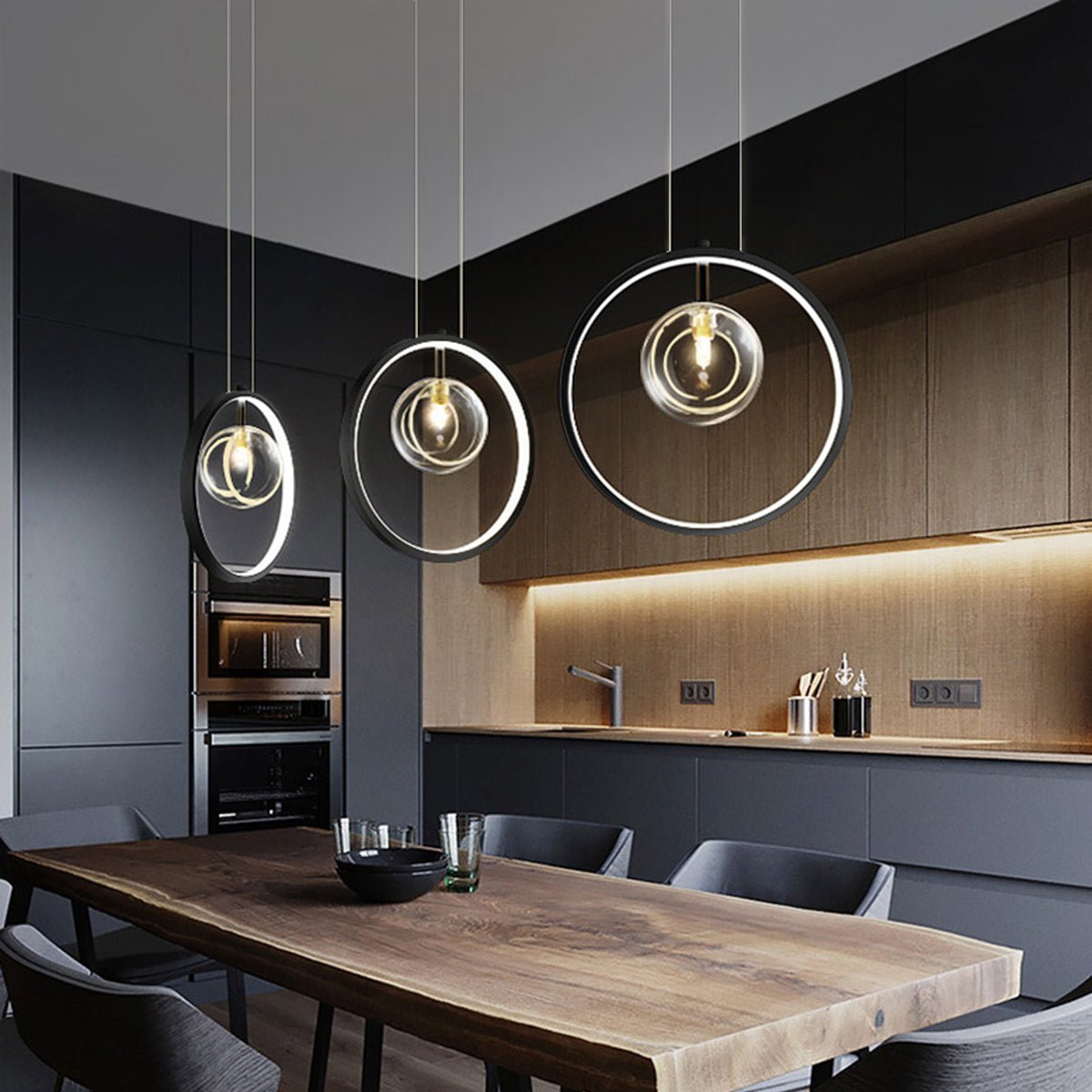 Modern Black Ring Pendant Light with Glass Globes LED