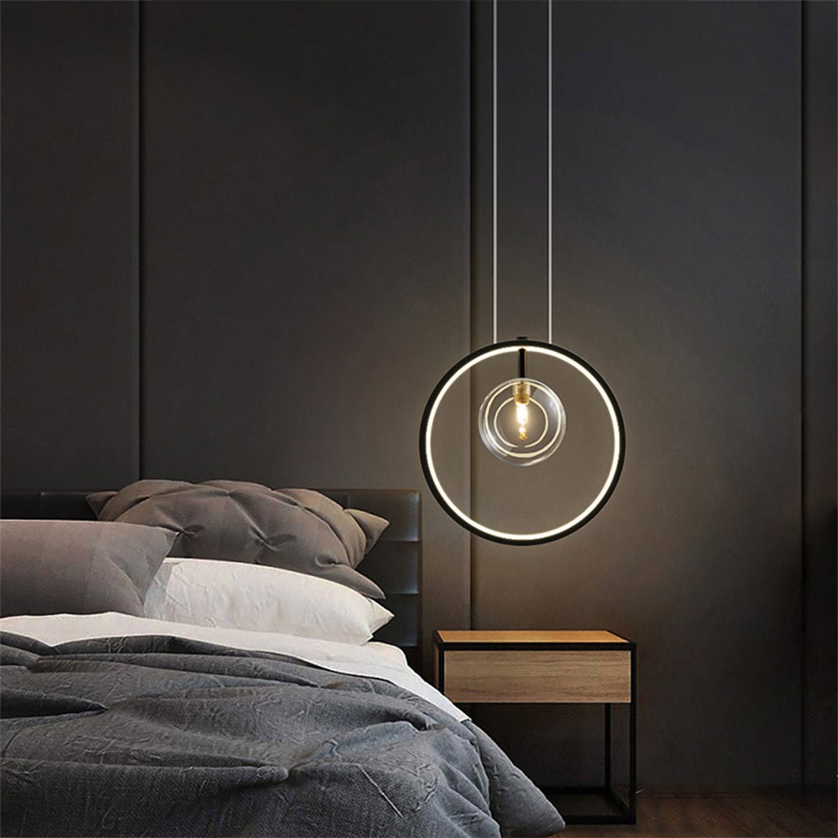 Modern Black Ring Pendant Light with Glass Globes LED
