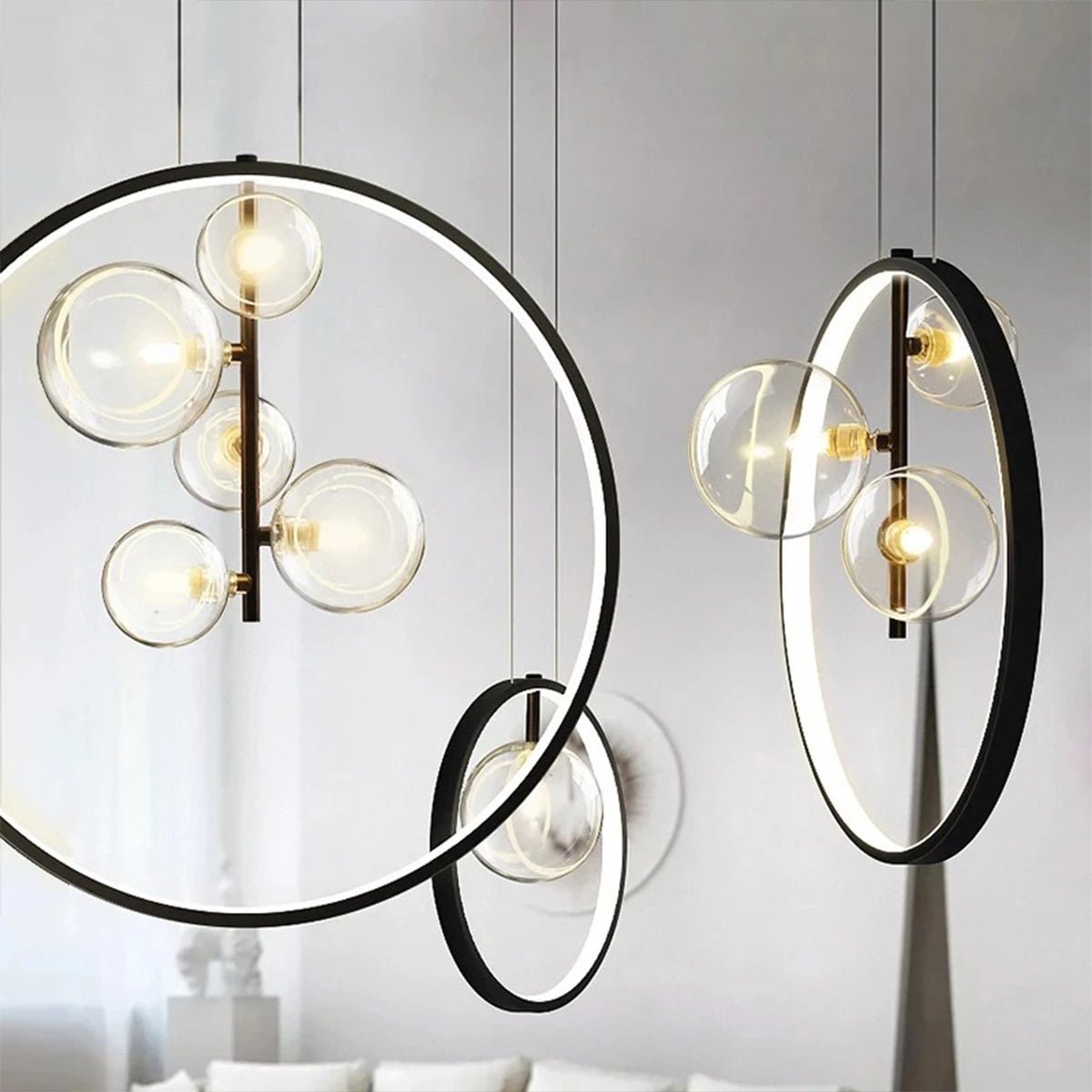 Modern Black Ring Pendant Light with Glass Globes LED