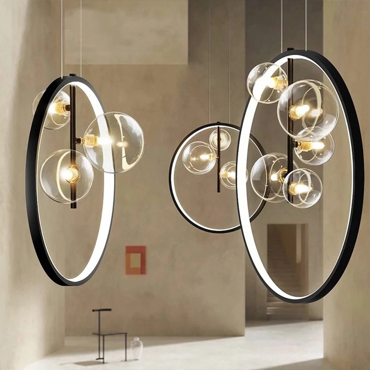 Modern Black Ring Pendant Light with Glass Globes LED