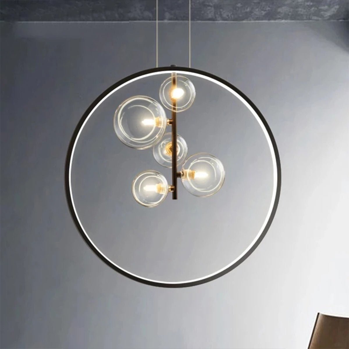 Modern Black Ring Pendant Light with Glass Globes LED