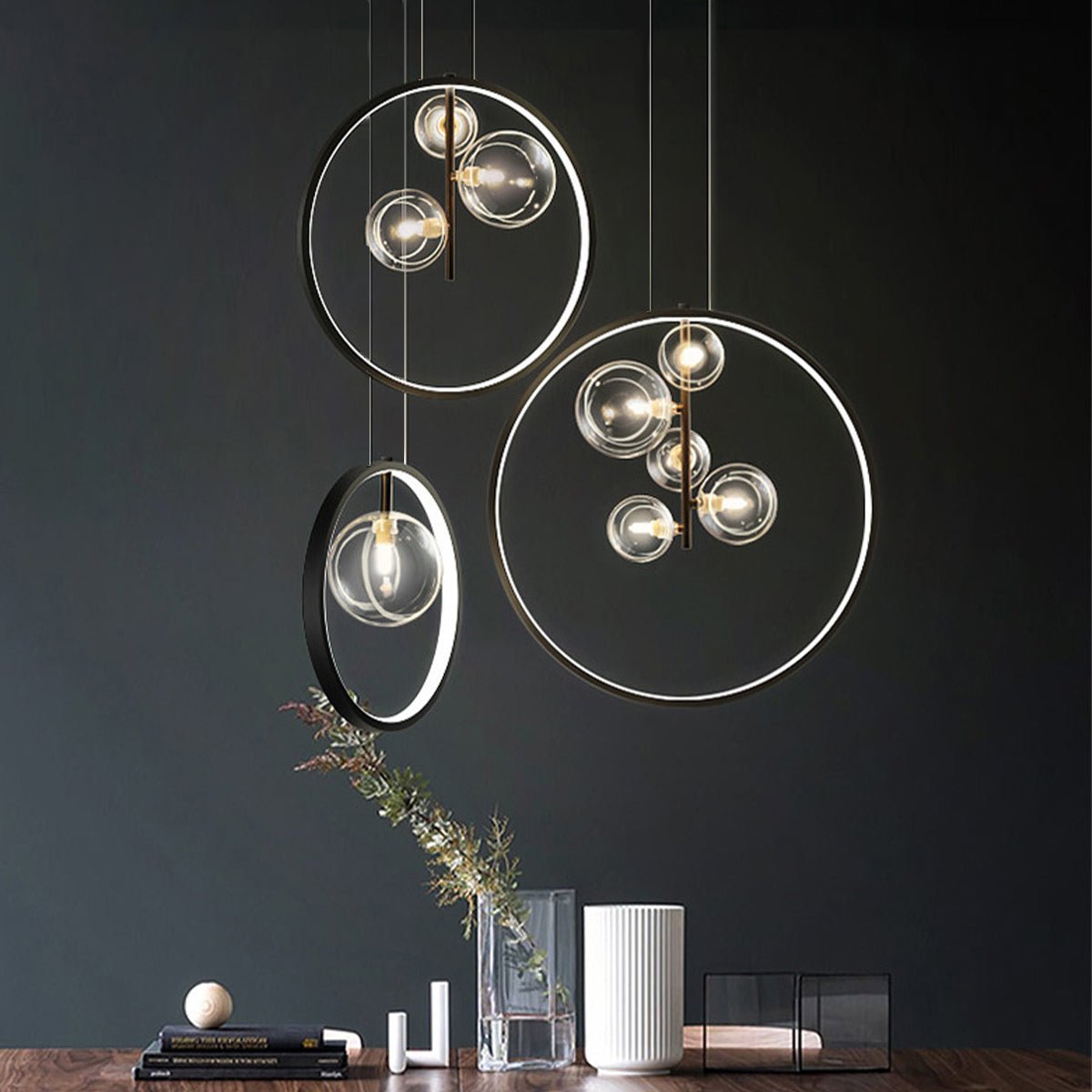 Modern Black Ring Pendant Light with Glass Globes LED