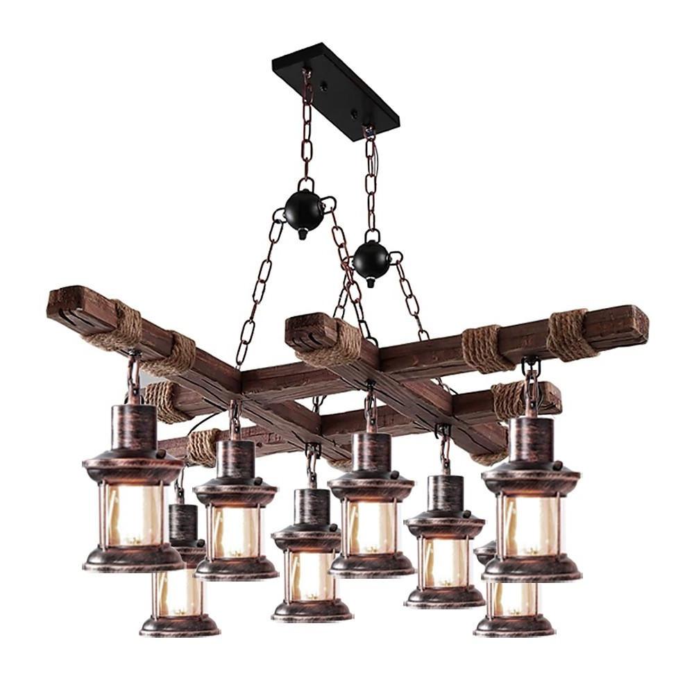 Vintage Wood & Glass 8-Light Farmhouse Pendant Chandelier