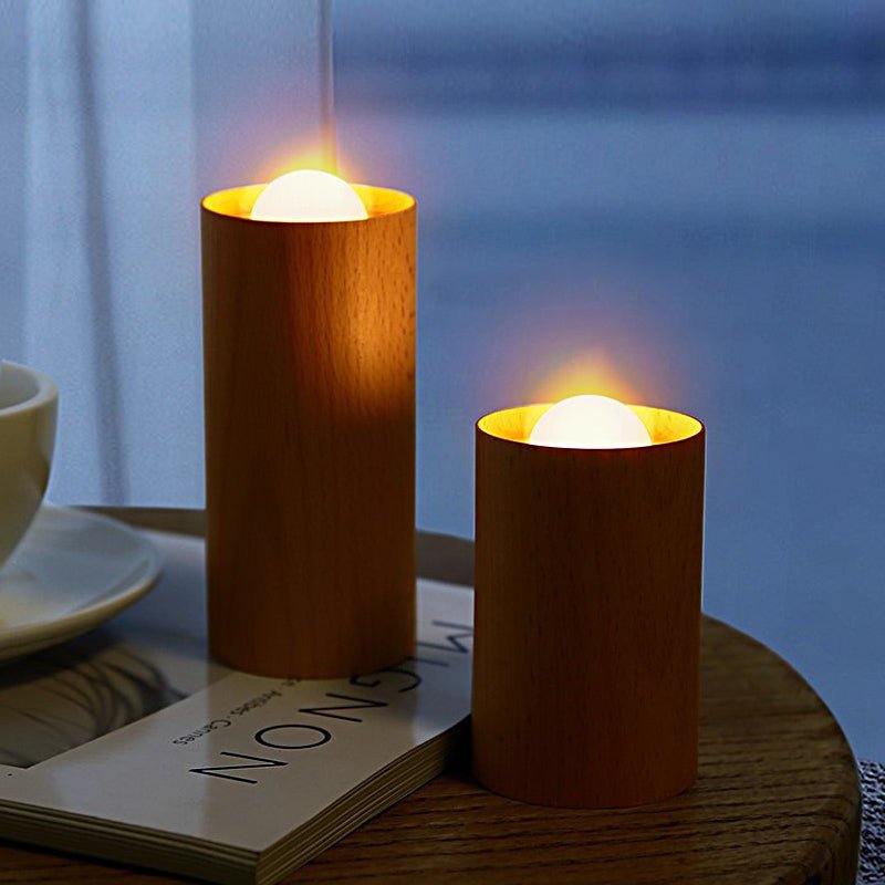 Wooden Cylinder Candlelight LED Table Lamp with USB Charging