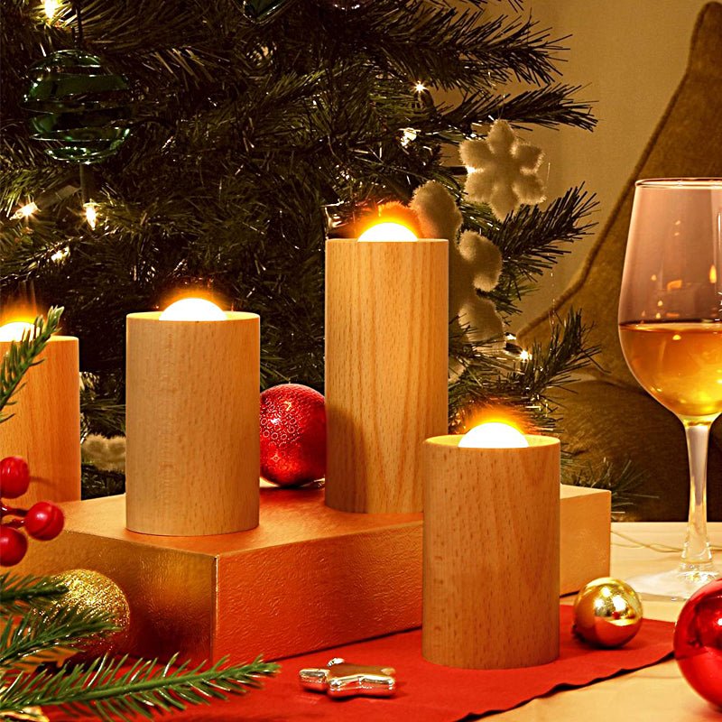 Wooden Cylinder Candlelight LED Table Lamp with USB Charging