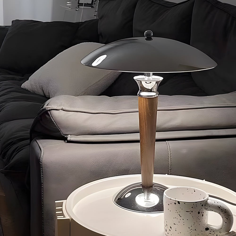 Vintage Mushroom Table Lamp with Chrome Shade & Wood Base