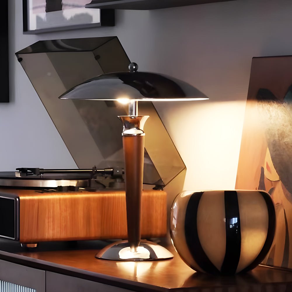 Vintage Mushroom Table Lamp with Chrome Shade & Wood Base