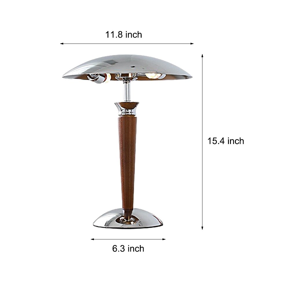 Vintage Mushroom Table Lamp with Chrome Shade & Wood Base