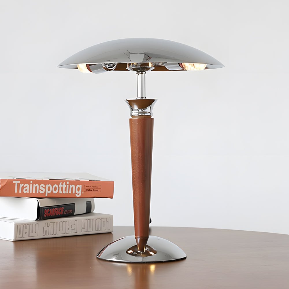 Vintage Mushroom Table Lamp with Chrome Shade & Wood Base