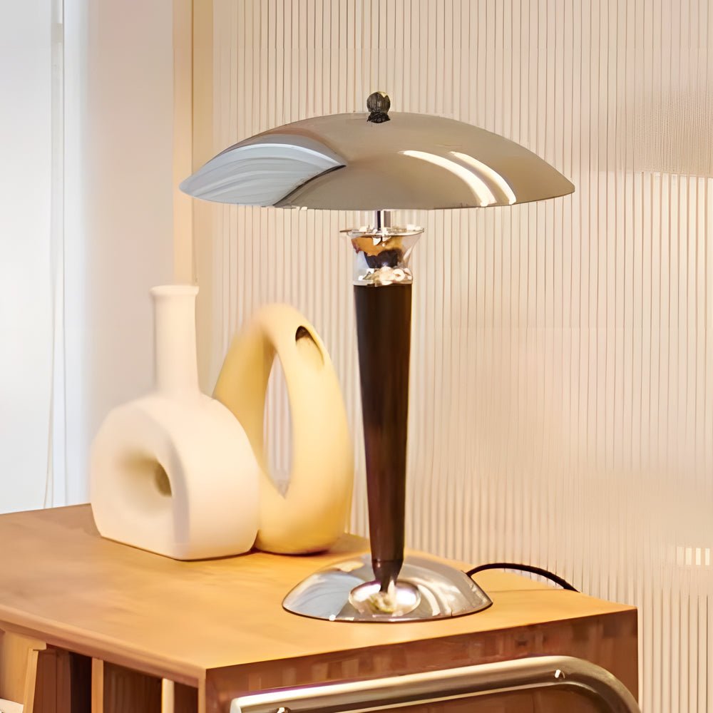Vintage Mushroom Table Lamp with Chrome Shade & Wood Base