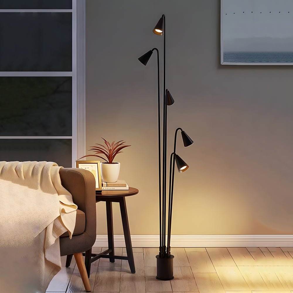 Industrial Black Multi-Head LED Floor Lamp with Adjustable Lights