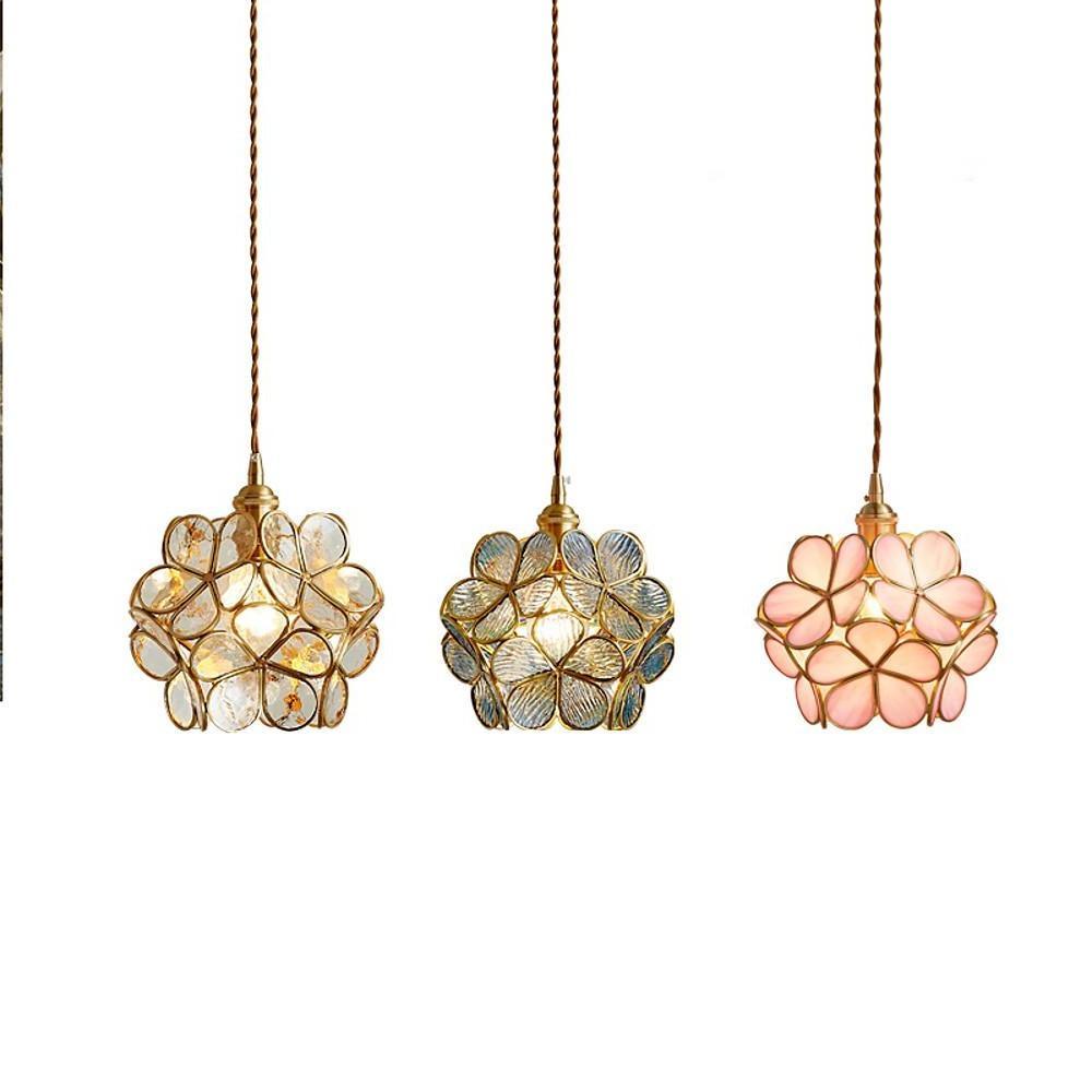 Floral Glass Pendant Light Modern Copper Finish Hanging Lamp