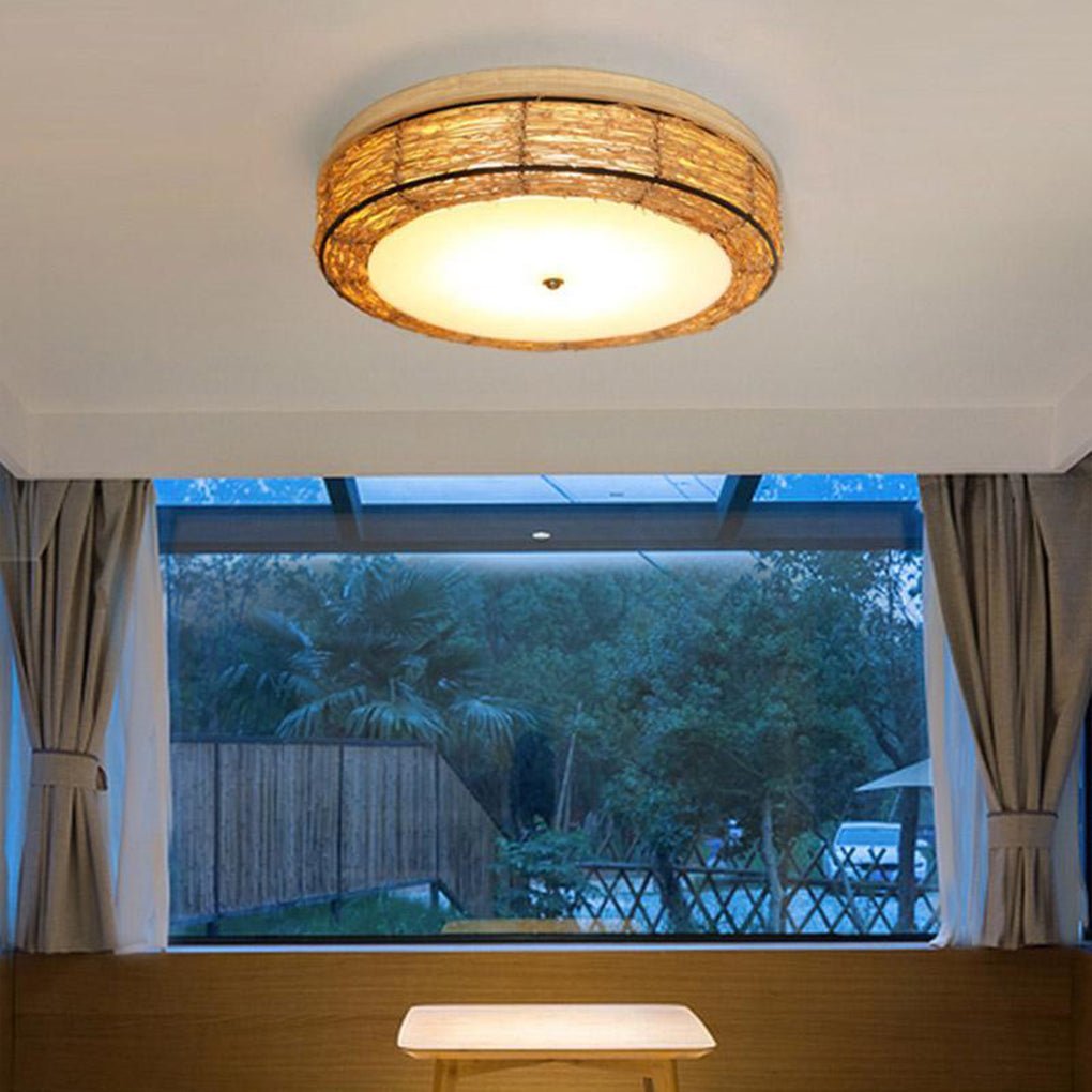 Farmhouse Wicker Flush Mount Ceiling Light - Rustic Natural Finish