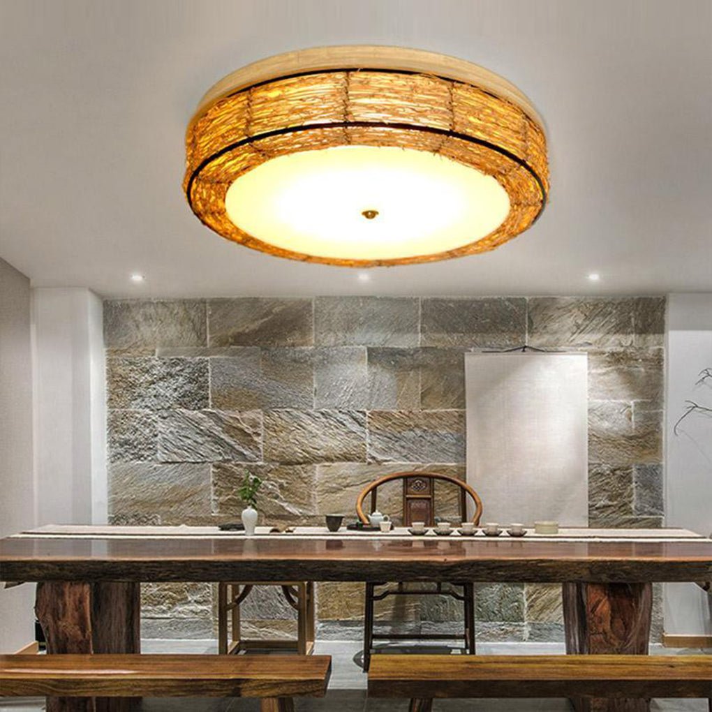 Farmhouse Wicker Flush Mount Ceiling Light - Rustic Natural Finish