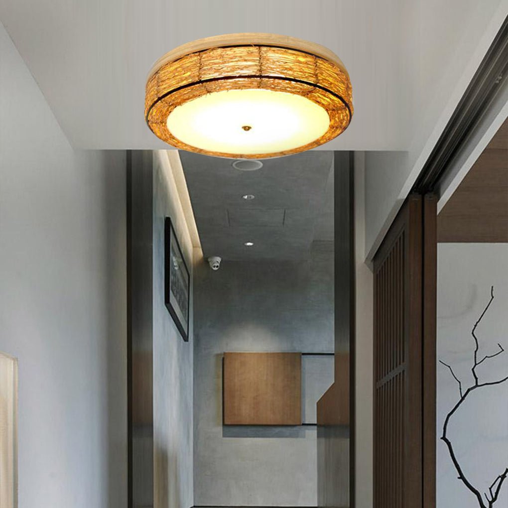 Farmhouse Wicker Flush Mount Ceiling Light - Rustic Natural Finish