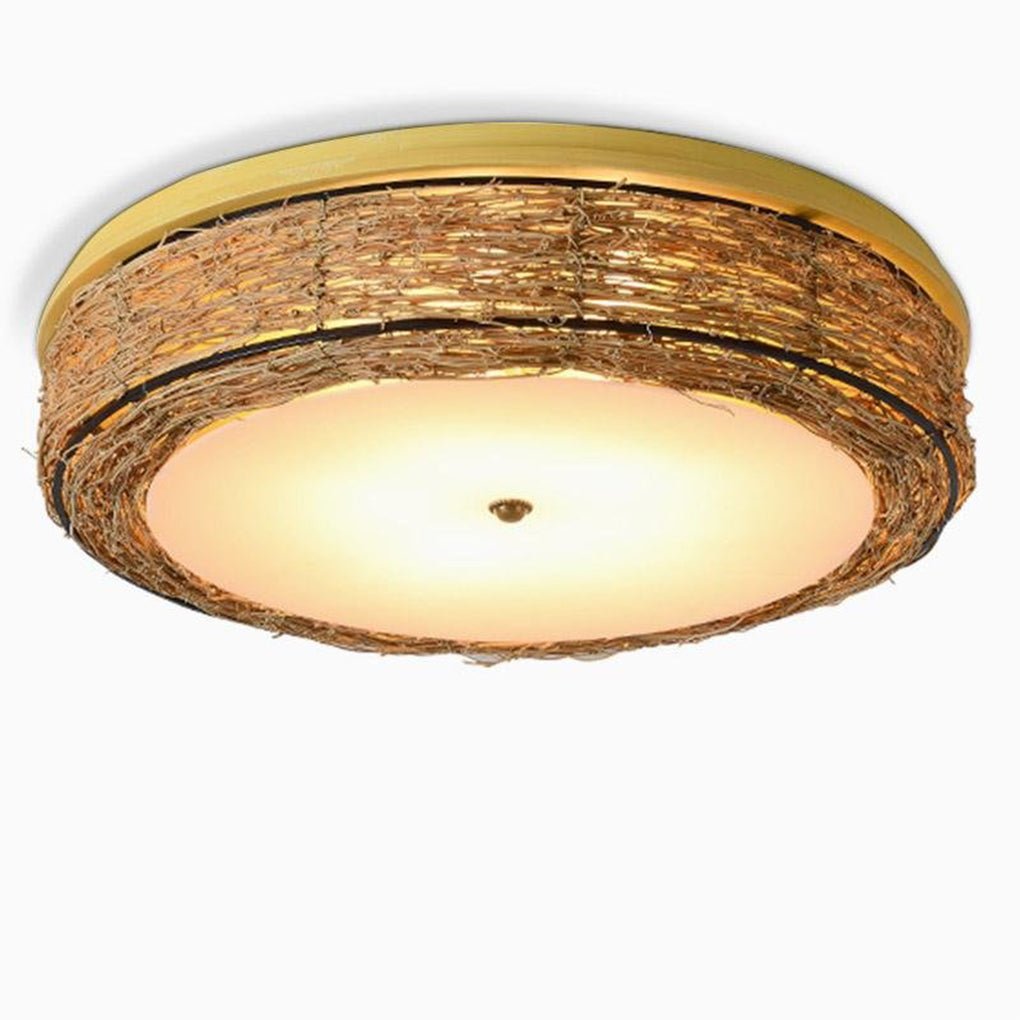 Farmhouse Wicker Flush Mount Ceiling Light - Rustic Natural Finish