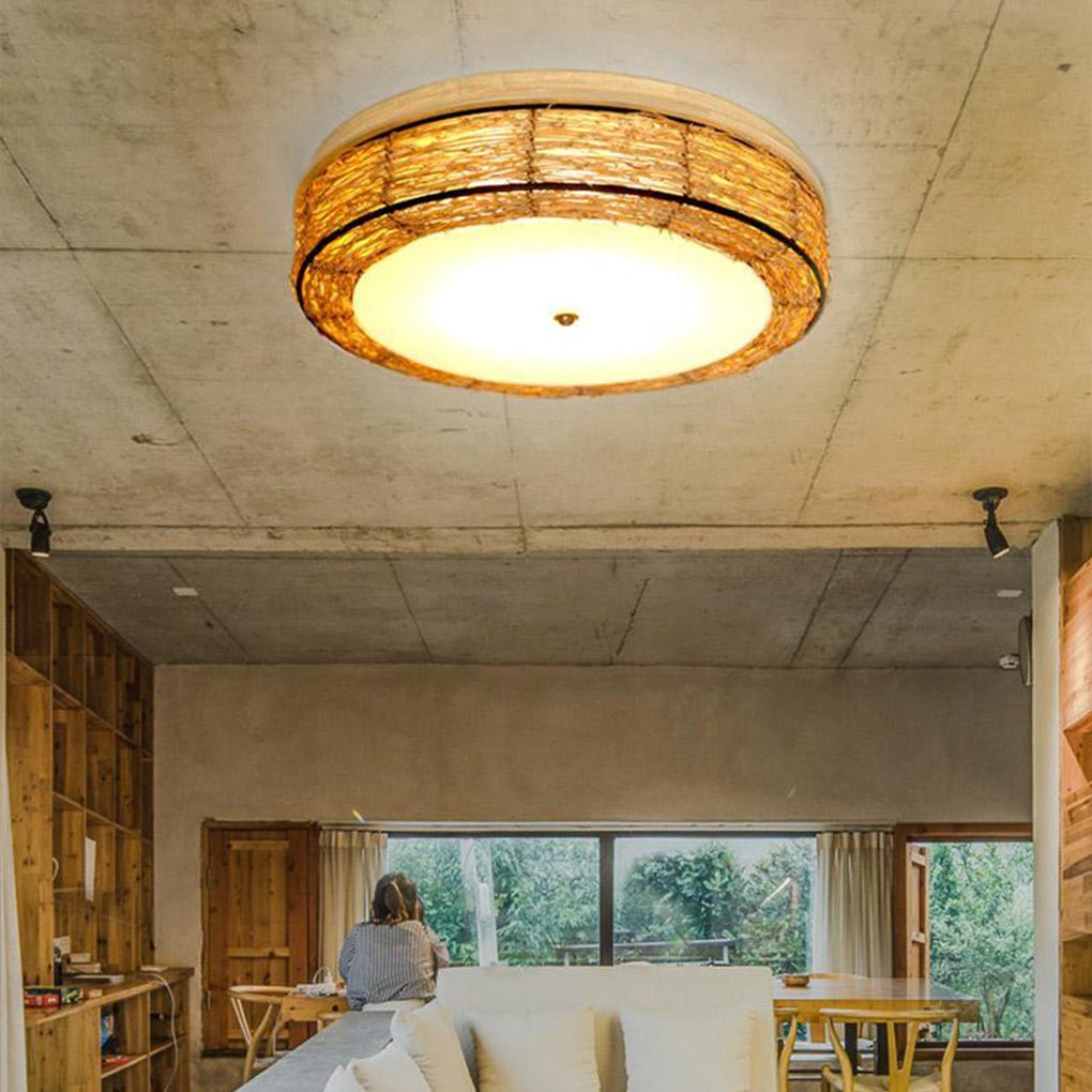 Farmhouse Wicker Flush Mount Ceiling Light - Rustic Natural Finish