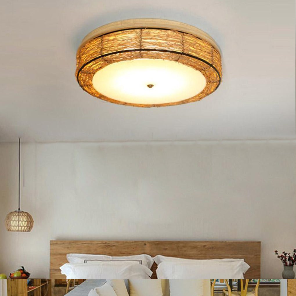 Farmhouse Wicker Flush Mount Ceiling Light - Rustic Natural Finish