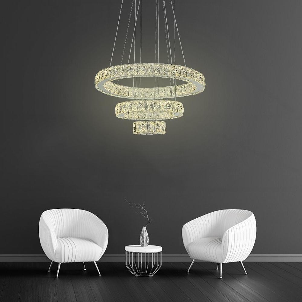 3-Tier Crystal Ring Chandelier with LED - Modern Chrome Finish