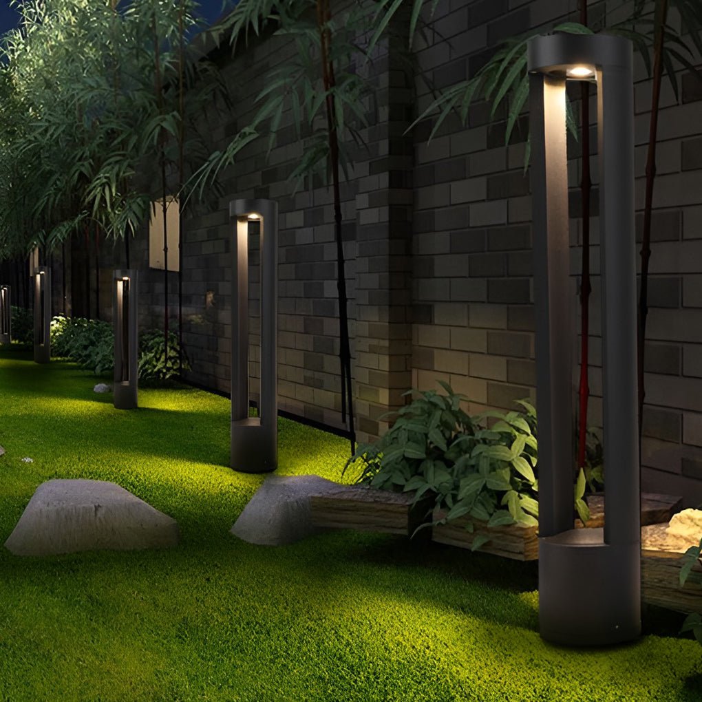 Hollow Cylindrical Outdoor Bollard Light - Modern Black Aluminum