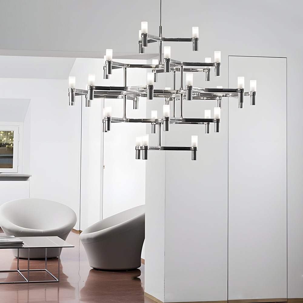 Modern Geometric LED Chandelier with Frosted Glass and Metal Layers