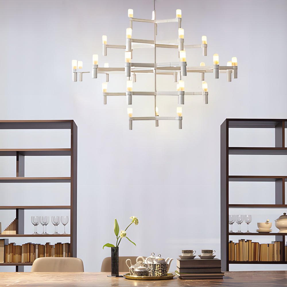 Modern Geometric LED Chandelier with Frosted Glass and Metal Layers